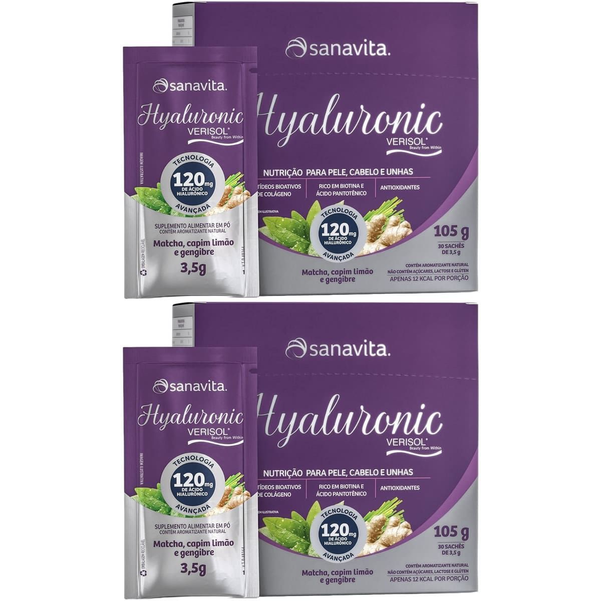 Kit 2X Hyaluronic Verisol 120mg - 30 Sticks de 3,5g Matacha, Capim Lim�o e Gengibre - Sanavita