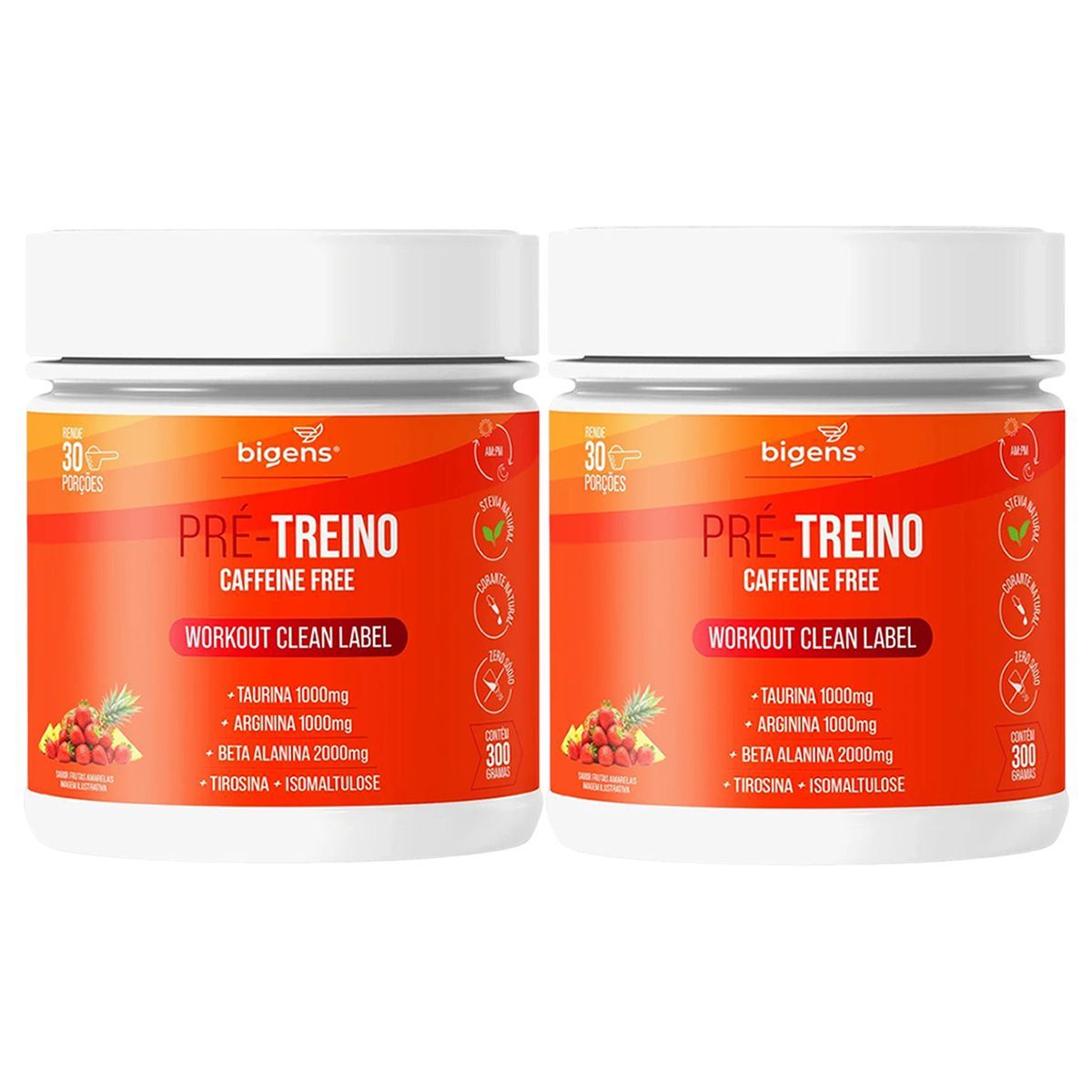 Kit 2X Pr�-Treino Caffeine Free - 300g Morango e Abacaxi - Bigens