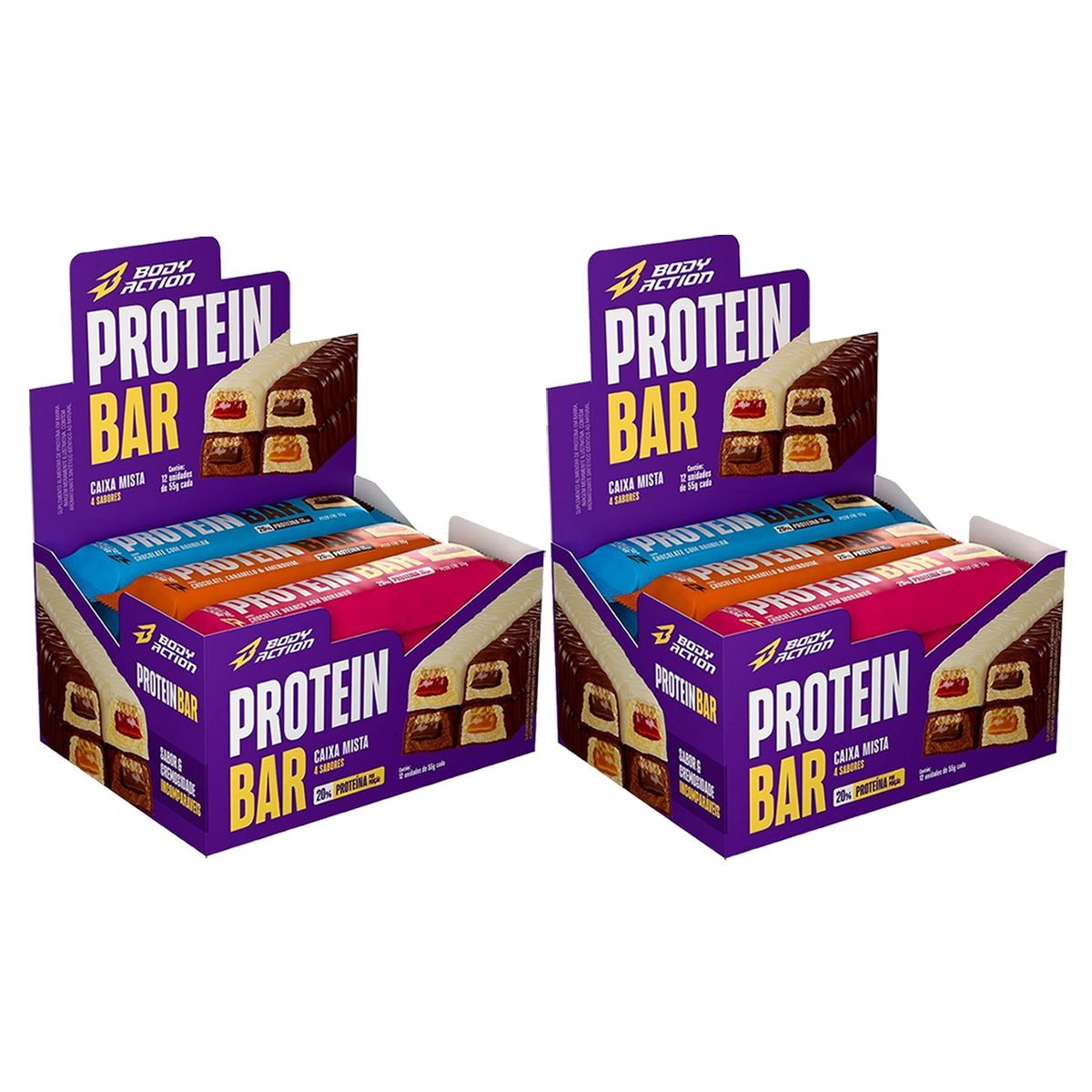 Kit 2X Protein Bar - 12 Unidades de 55g Mista - Bodyaction
