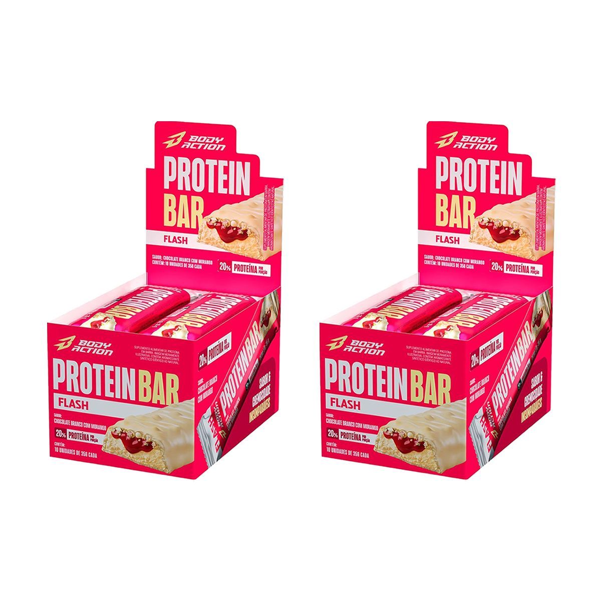 Kit 2X Protein Bar Flash - 10 Unidades 35g Chocolate Branco com Morango - Body Action