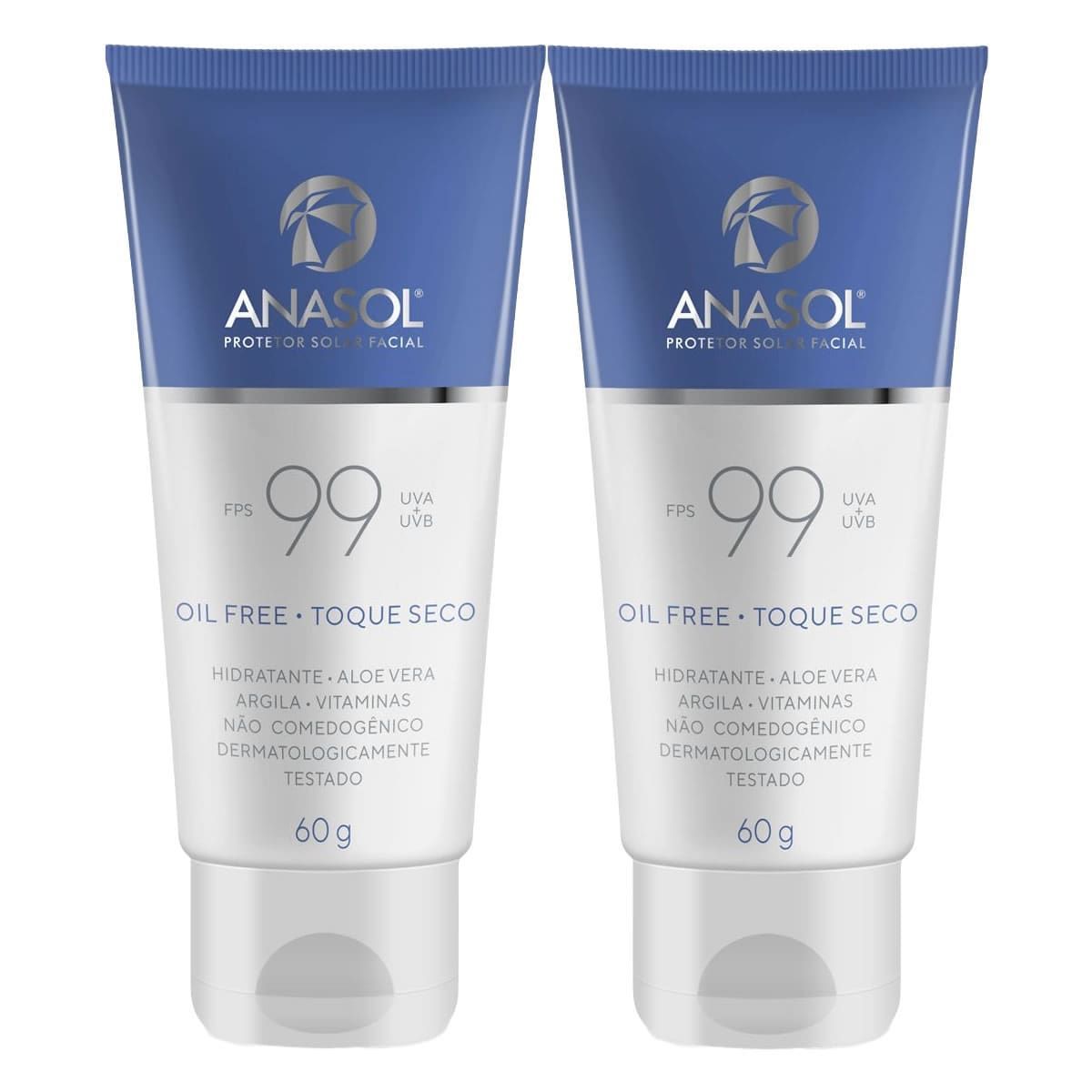 Kit 2X Protetor Solar Facial Toque Seco - 60g FPS 99 - Anasol
