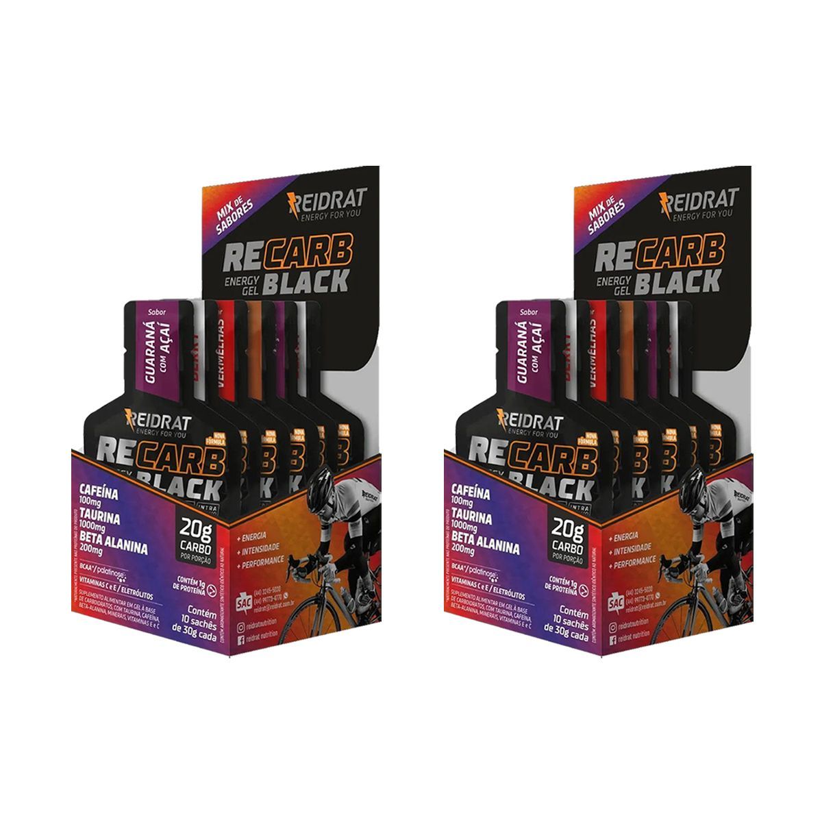 Kit 2X Recarb Energy Gel Black Pro Beta - 10 Sach�s 30g Sabores Variados - Reidrat
