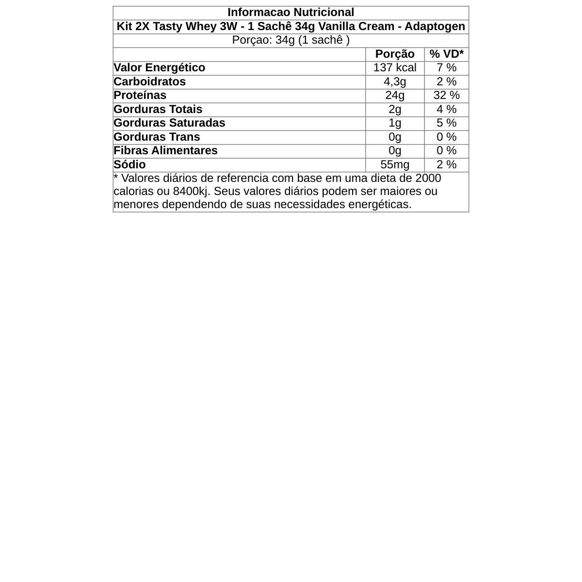 Kit 2X Tasty Whey 3W - 1 Sach� 34g Vanilla Cream - Adaptogen