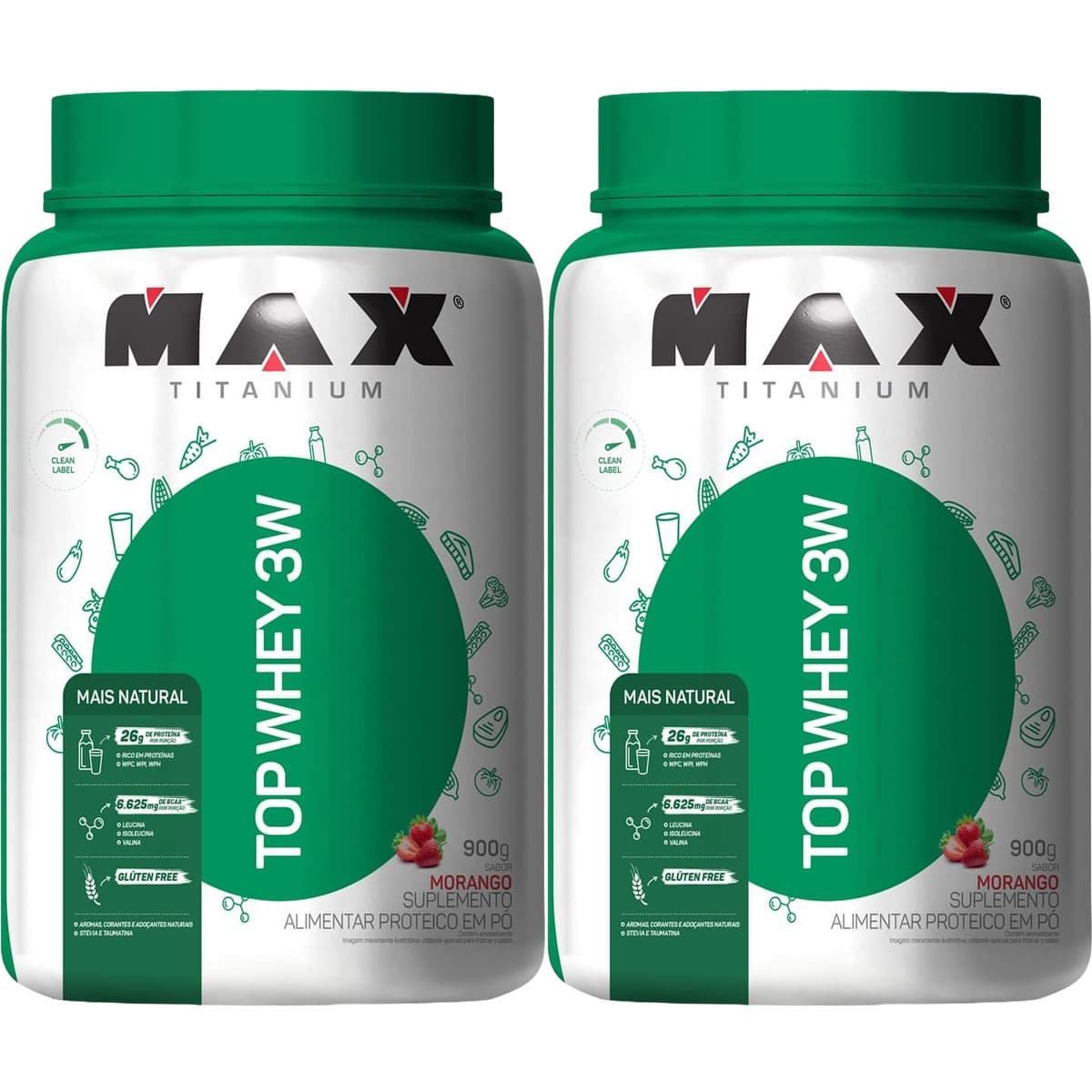 Kit 2X Top Whey 3W Mais Natural - 900g Morango - Max Titanium