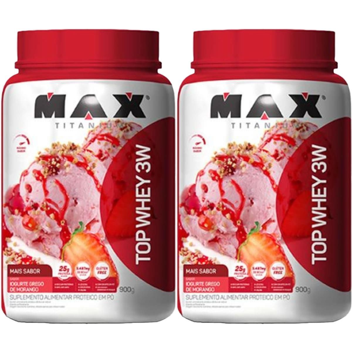 Kit 2X Top Whey 3W Mais Sabor - 900g Iogurte Grego de Morango - Max Titanium