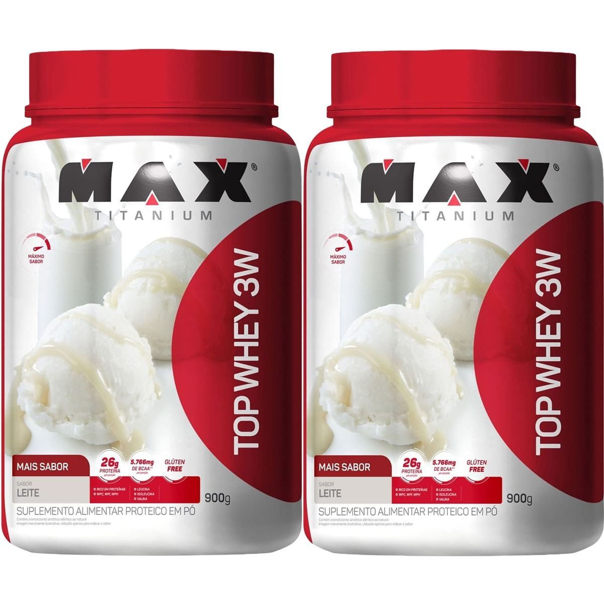 Kit 2X Top Whey 3W Mais Sabor - 900g Leite - Max Titanium