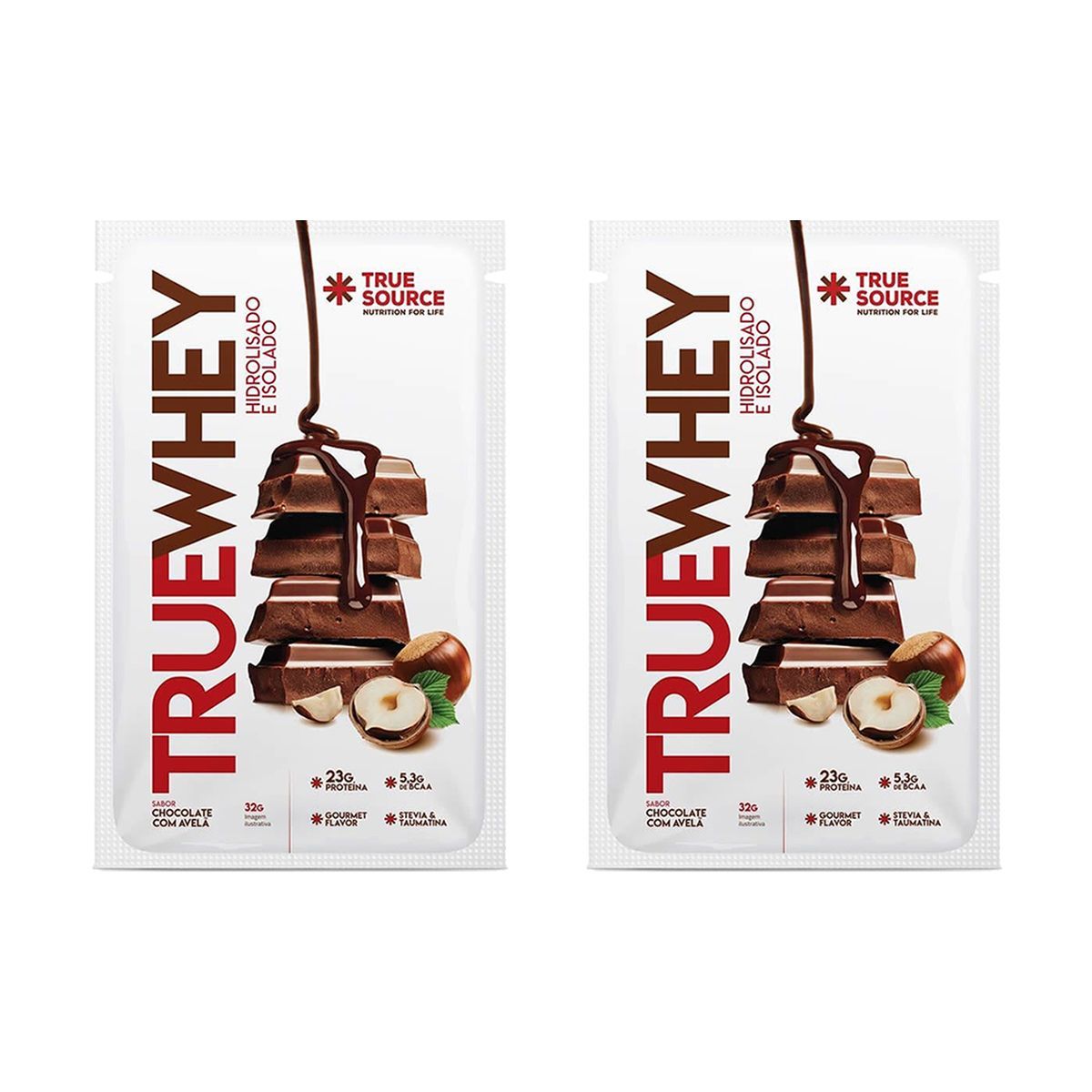 Kit 2X True Whey Hidrolisado e Isolado - 1 Sach�  32g Chocolate com Avel� - True Source