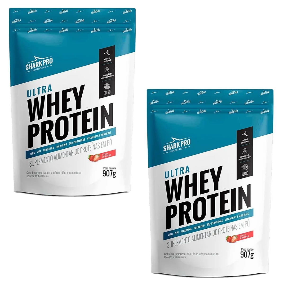 Kit 2X Ultra Whey Protein - 907g Refil Morango - Shark Pro