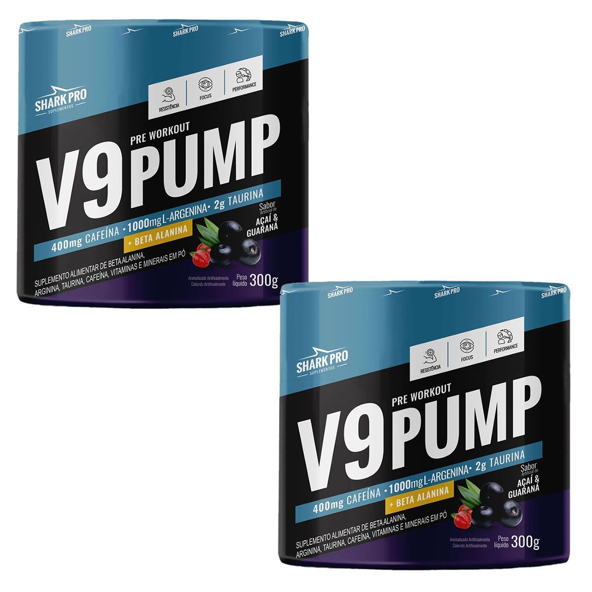 Kit 2X V9-Pump Pre Workout + L-Arginina - 300g A�a� & Guaran� - Shark Pro