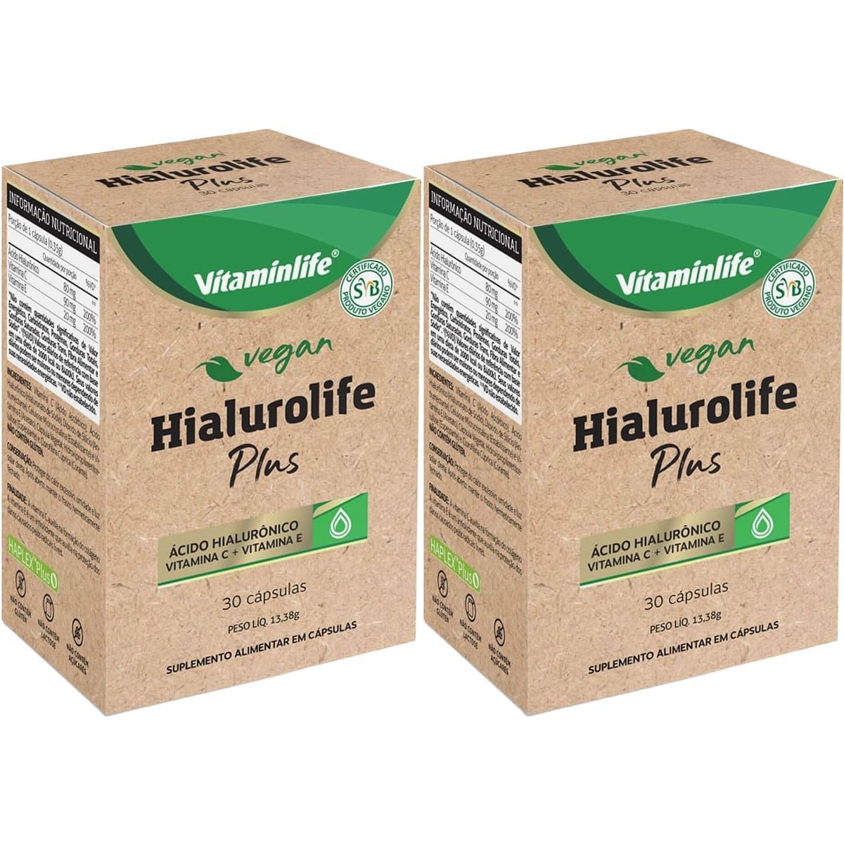 Kit 2X Vegan - Hialurolife Plus �cido Hialur�nico + Vit C + Vit E - 30 C�psulas - VitaminLife