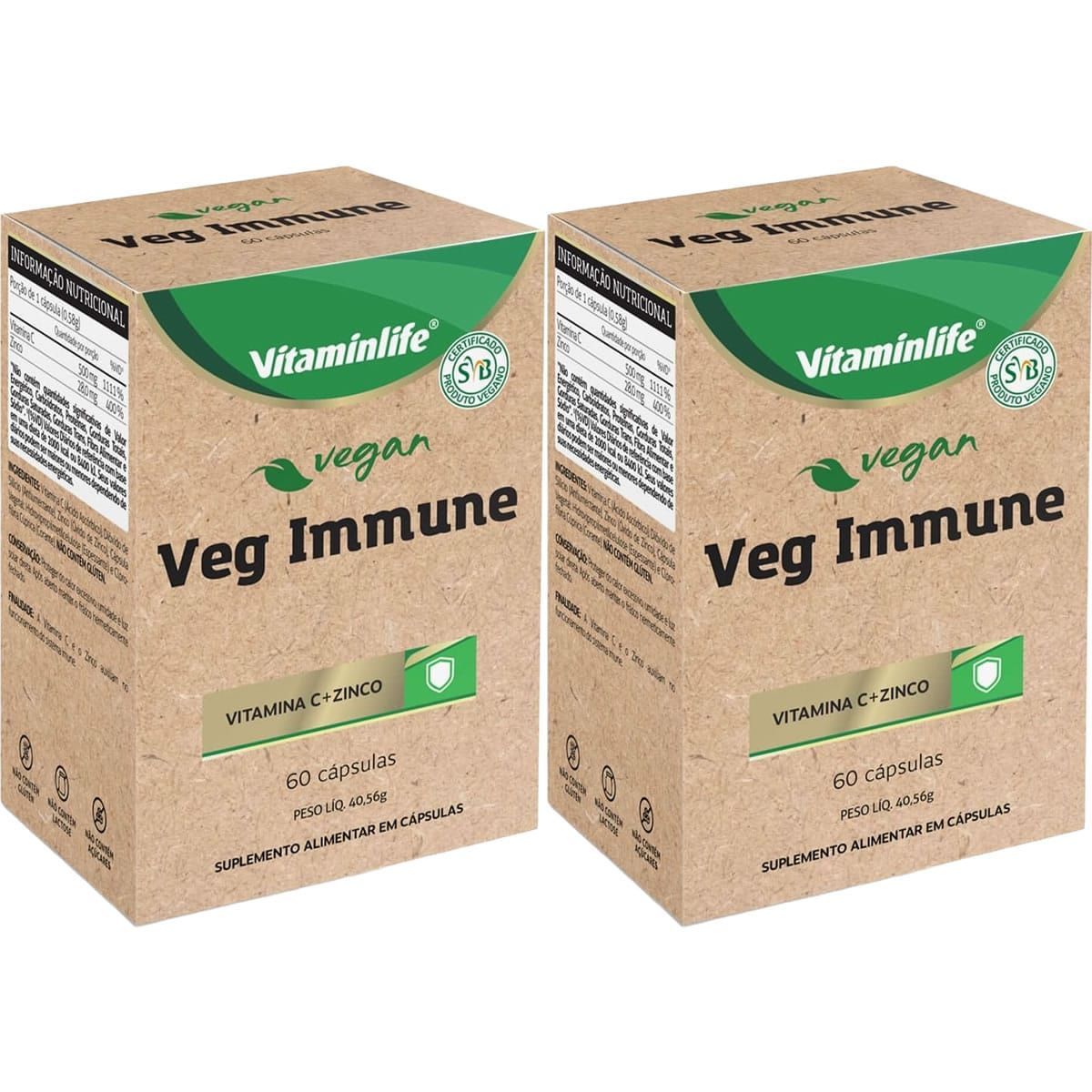 Kit 2X Vegan Veg Immune Vit + Zinco - 60 C�psulas - VitaminLife