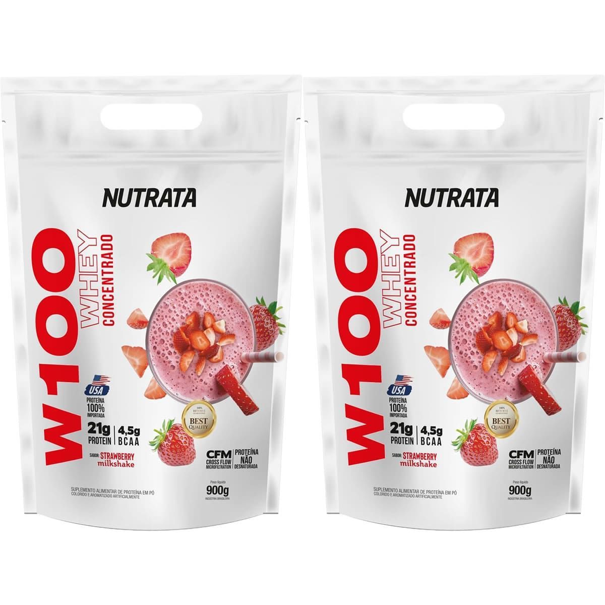 Kit 2X W100 Whey Concentrado - 900g Refil Strawberry MilkShake - Nutrata