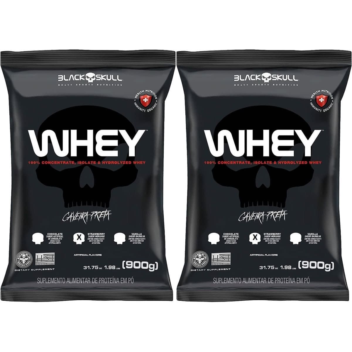 Kit 2X Whey 100% Concentrate - 900g Refil Morango  - Black Skull