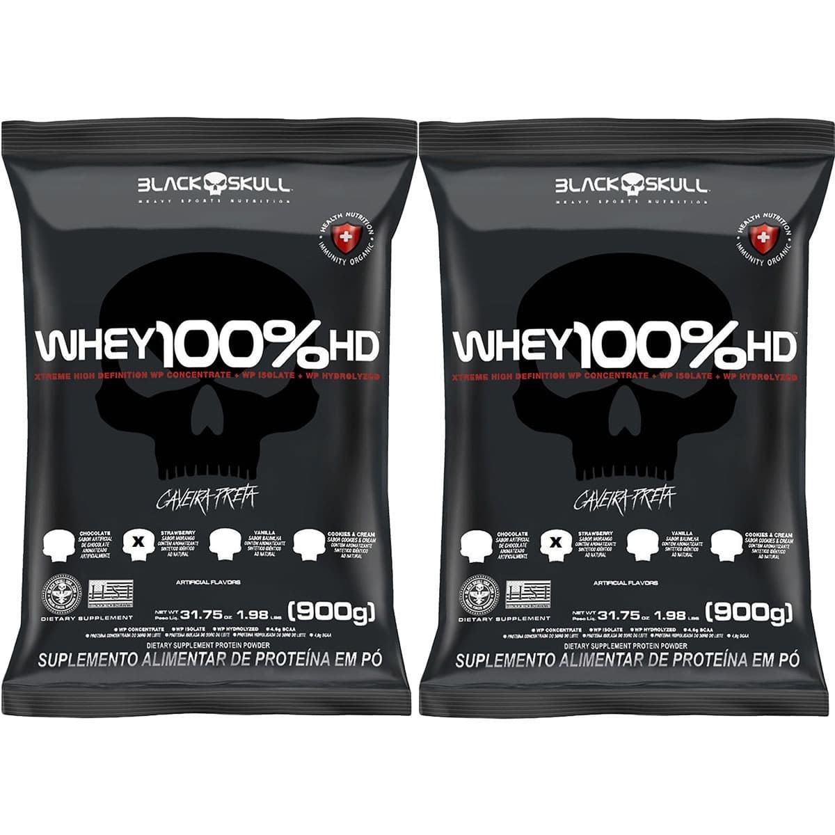 Kit 2X Whey 100% HD - 900g Refil Morango - Black Skull