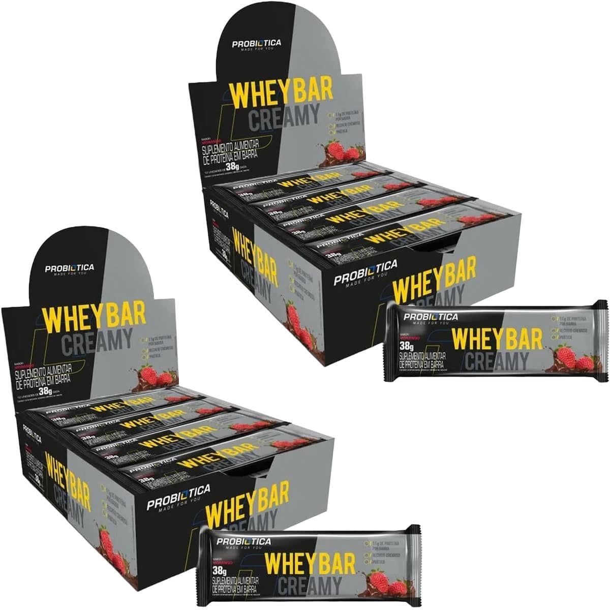 Kit 2X Whey Bar Creamy - 12 Unidades 38g Morango - Probi�tica