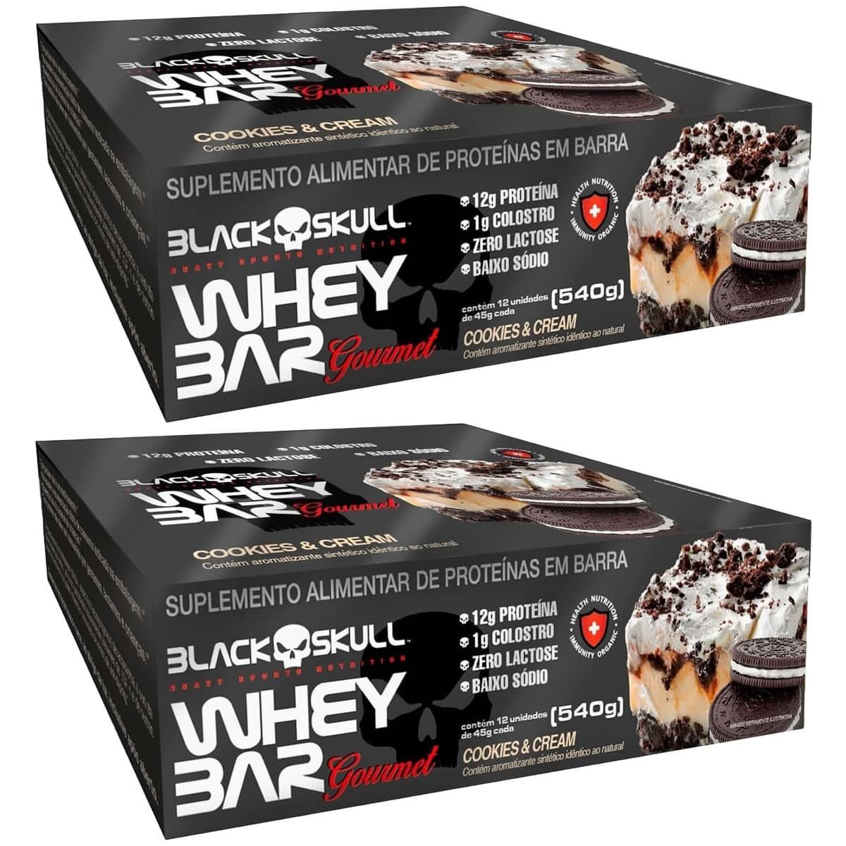 Kit 2X Whey Bar Gourmet - 12 Unidades 45g Cookies and Cream - Black Skull