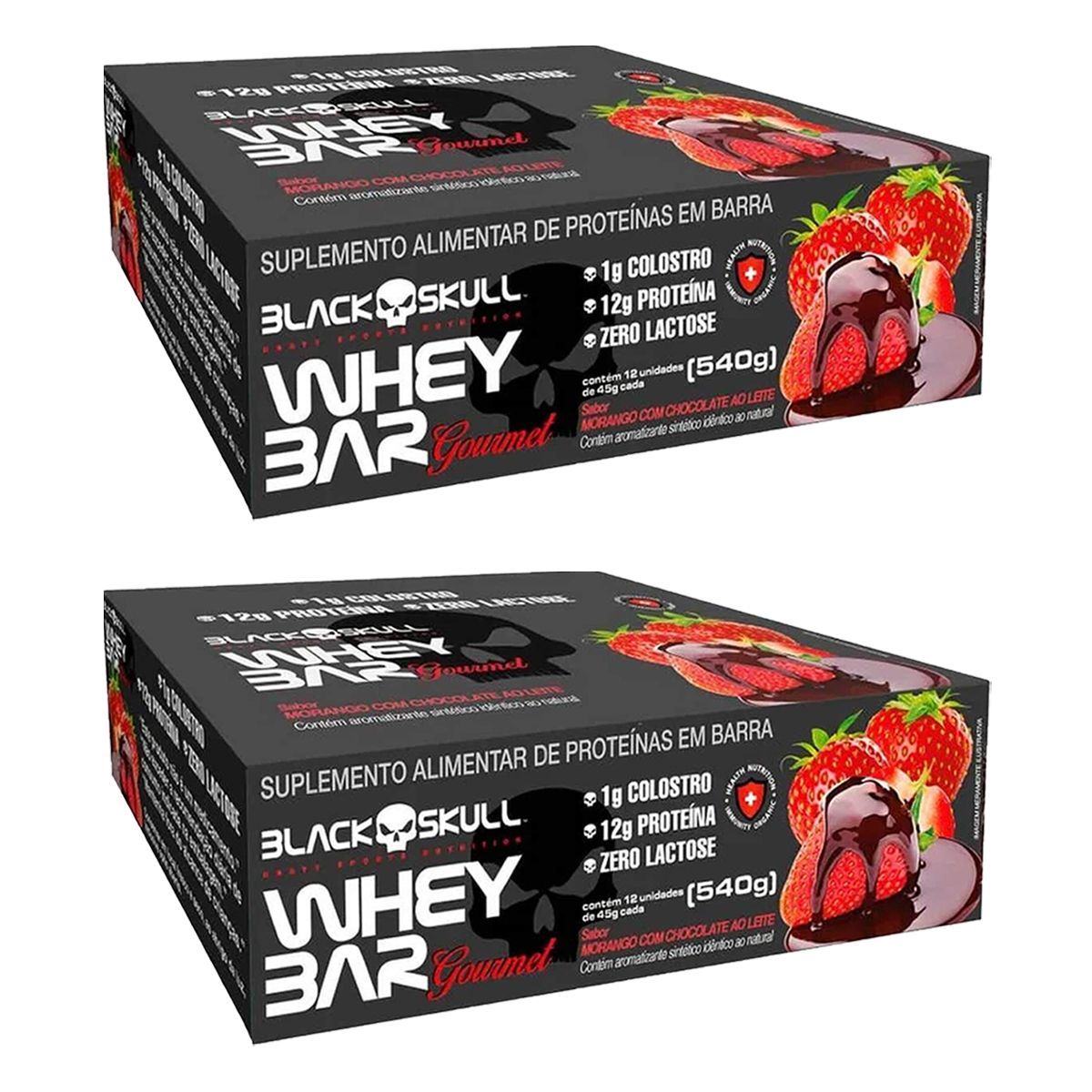 Kit 2X Whey Bar Gourmet - 12 Unidades 45g Morango com Chocolate - Black Skull