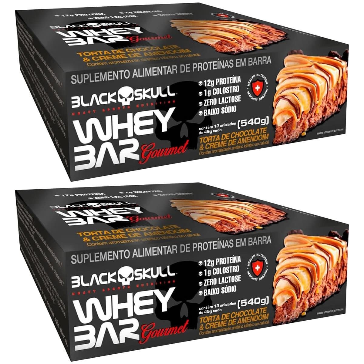 Kit 2X Whey Bar Gourmet - 12 Unidades 45g Torta de Chocolate e Creme de Amendoim - Black Skull