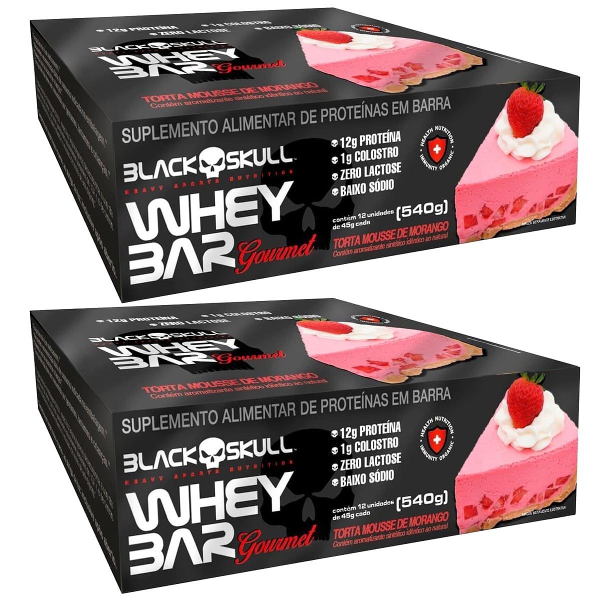 Kit 2X Whey Bar Gourmet - 12 Unidades 45g Torta Mousse de Morango - Black Skull