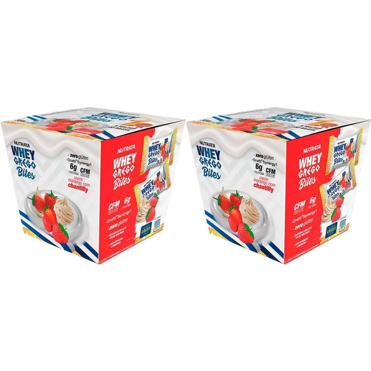 Kit 2X Whey Grego Bar Bites - 15 unidades 20g Morango Chantilly - Nutrata