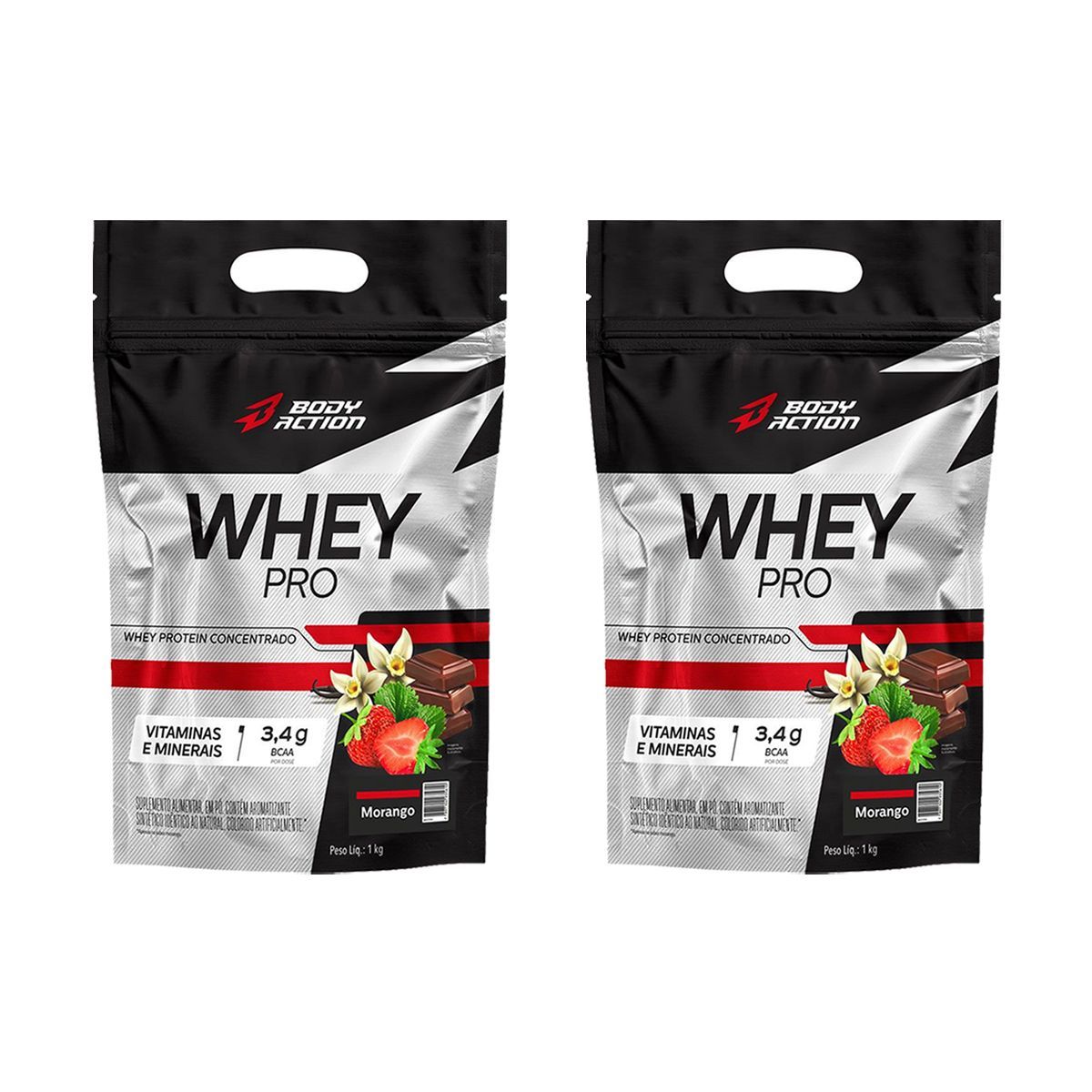 Kit 2X Whey Pro - 1000g Refil Morango - BodyAction