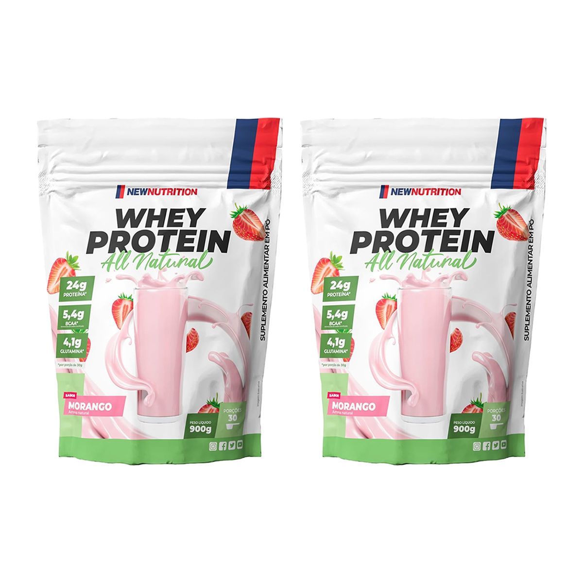 Kit 2X Whey Protein All Natural - 900g Refil Morango - NewNutrition