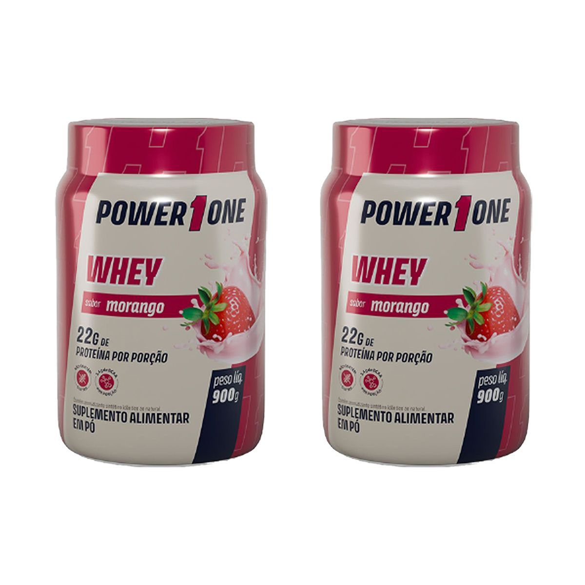 Kit 2X Whey Protein Concentrado 100% - 900g Morango - Power1One