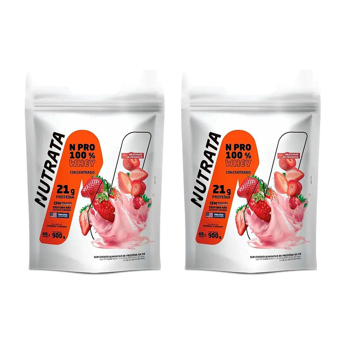 Kit 2X Whey Protein Npro - 900g Refil Morango - Nutrata