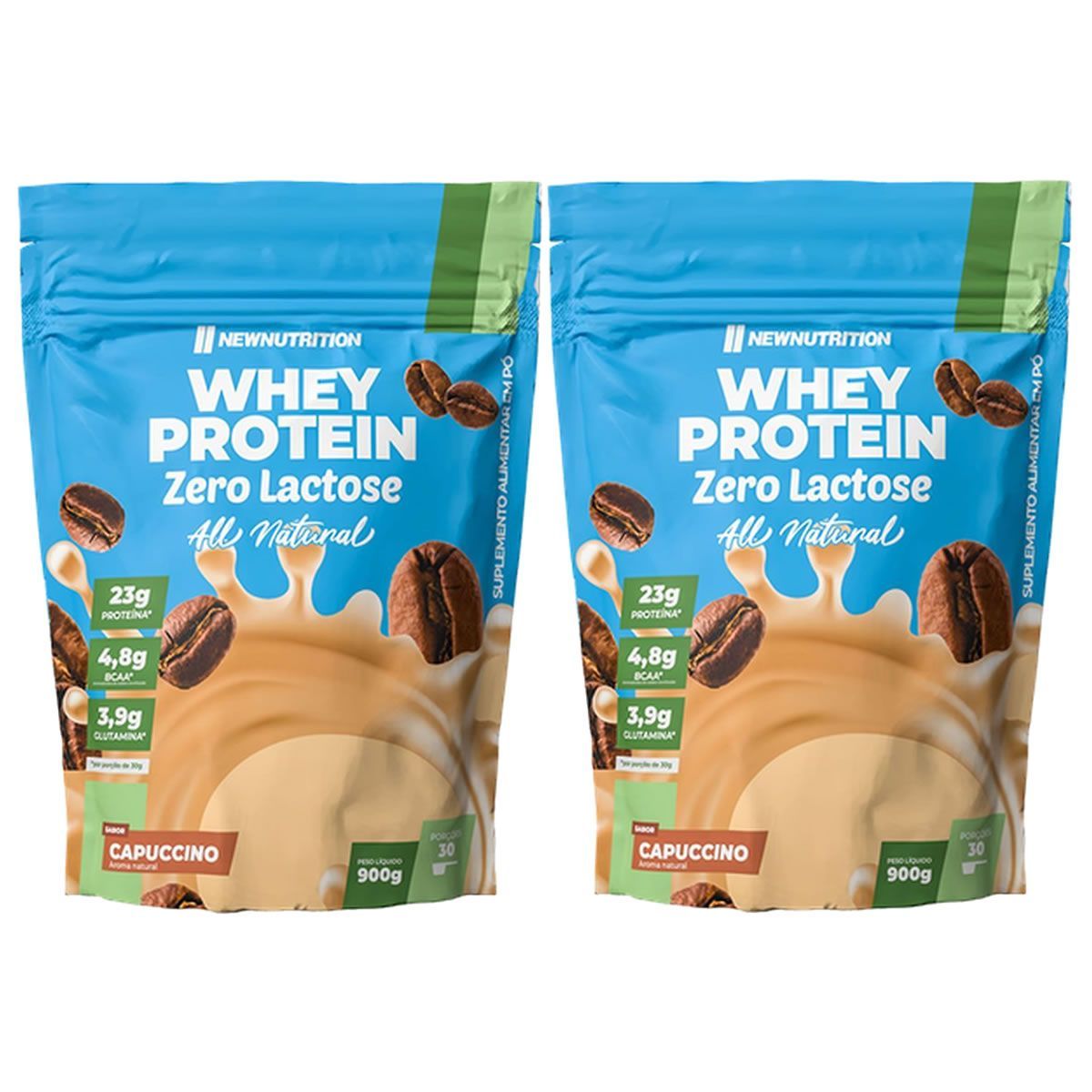 Kit 2X Whey Protein Zero Lactose All Natural - 900g Refil Cappuccino - NewNutrition
