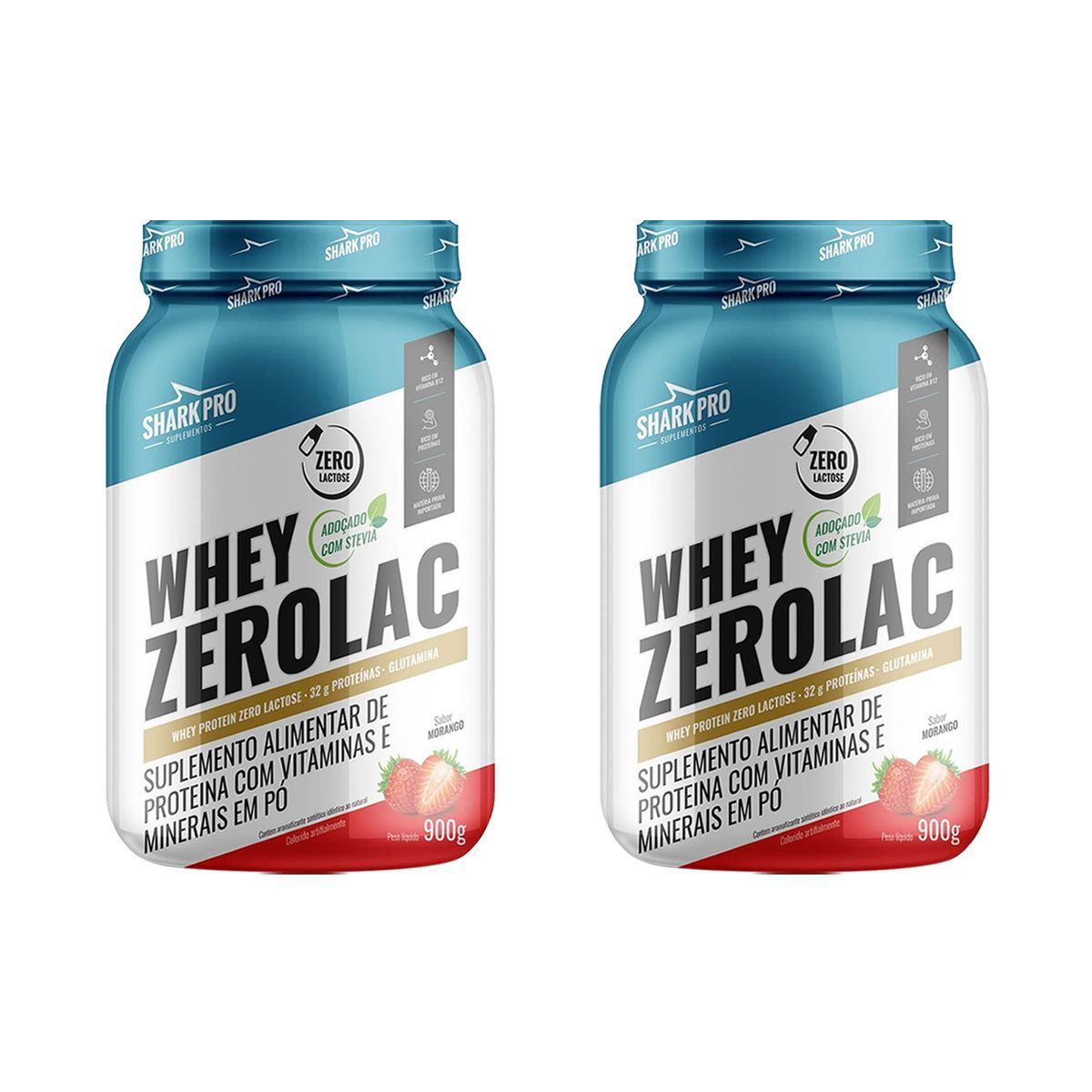 Kit 2X Whey ZeroLac - 900g Morango - Shark Pro