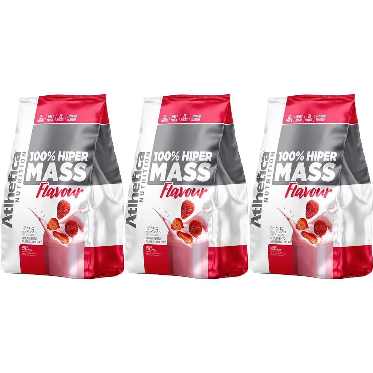Kit 3X 100% Hiper Mass Flavour - 2500g Morango - Atlhetica Nutrition