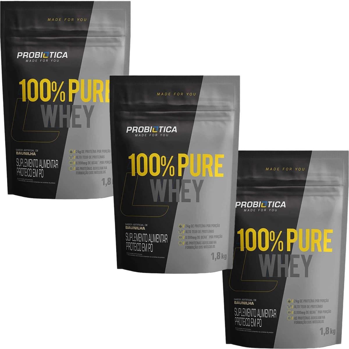 Kit 3X 100% Pure Whey - 1800g Refil Baunilha - Probiotica