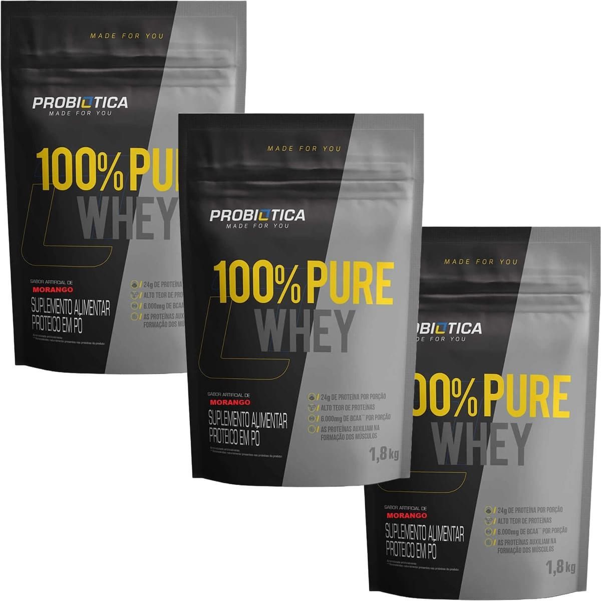 Kit 3X 100% Pure Whey - 1800g Refil Morango - Probiotica
