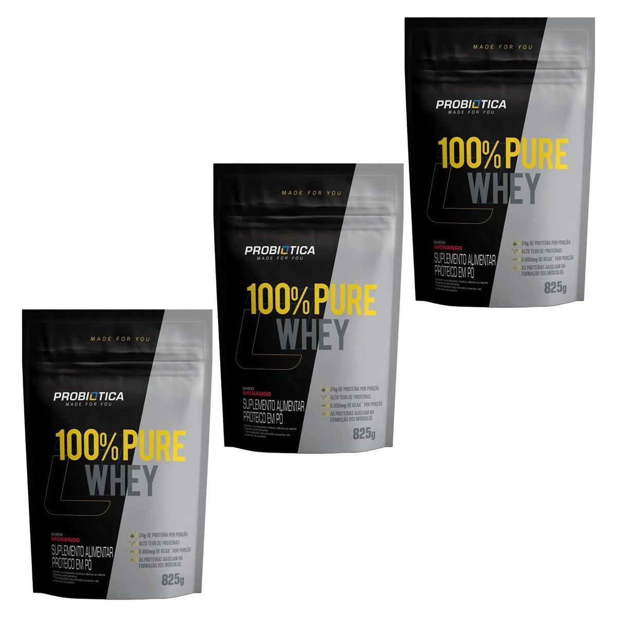 Kit 3X 100% Pure Whey - 825g Refil Morango - Probiotica