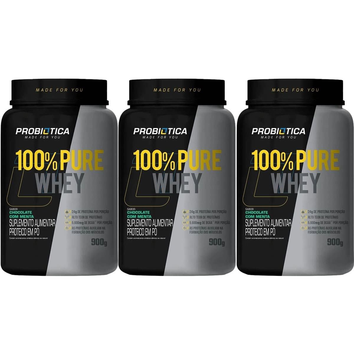 Kit 3X 100% Pure Whey - 900g Chocolate C/ Menta - Probi�tica
