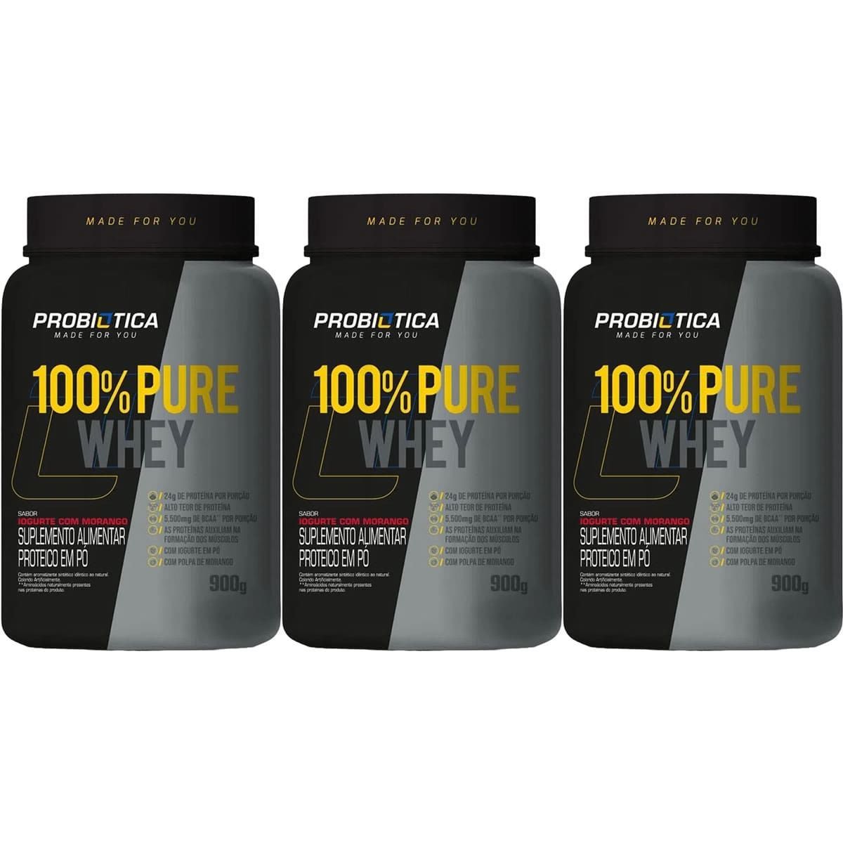 Kit 3X 100% Pure Whey - 900g Iogurte com Morango - Probiotica