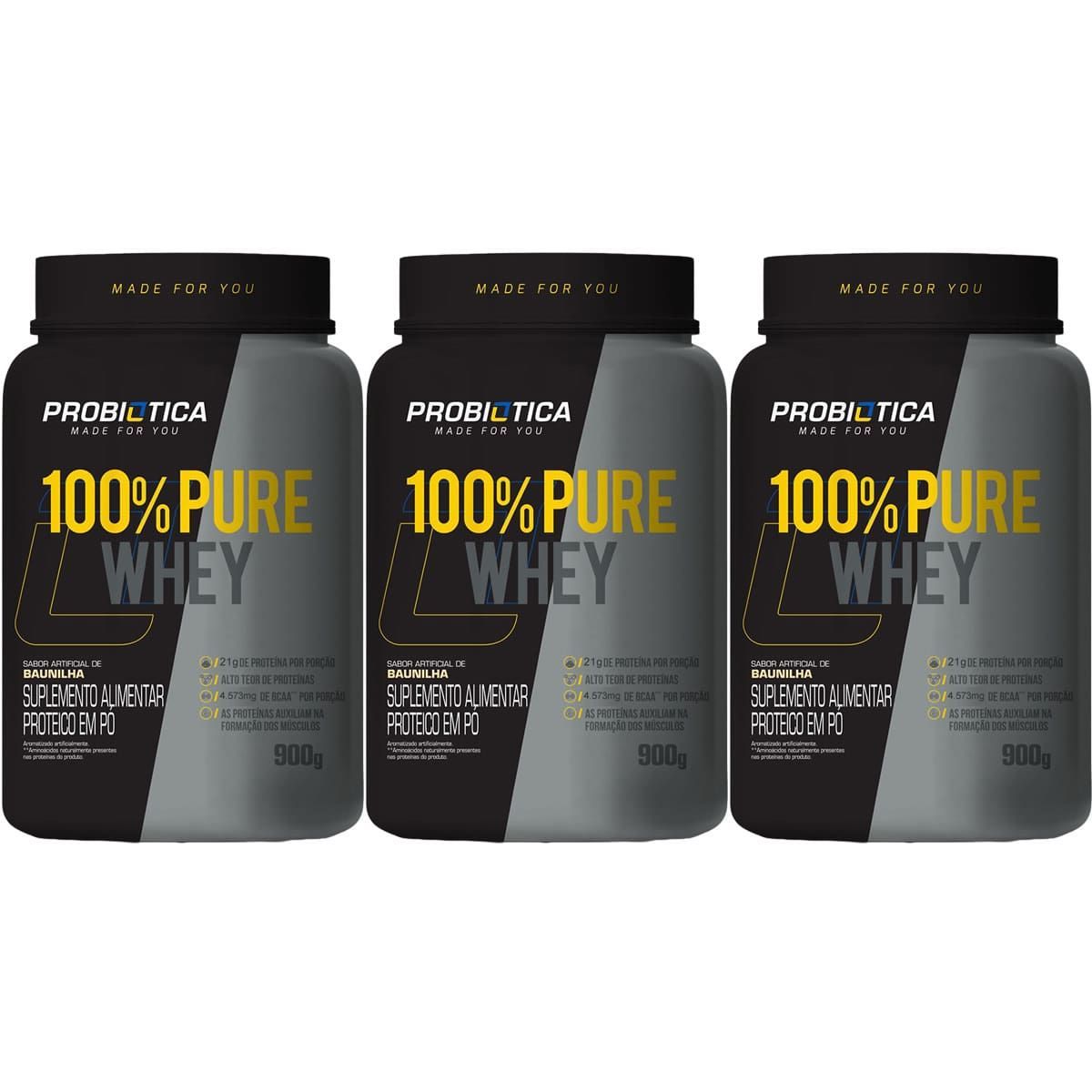 Kit 3X 100% Pure Whey Nova F�rmula - 900g Baunilha - Probi�tica