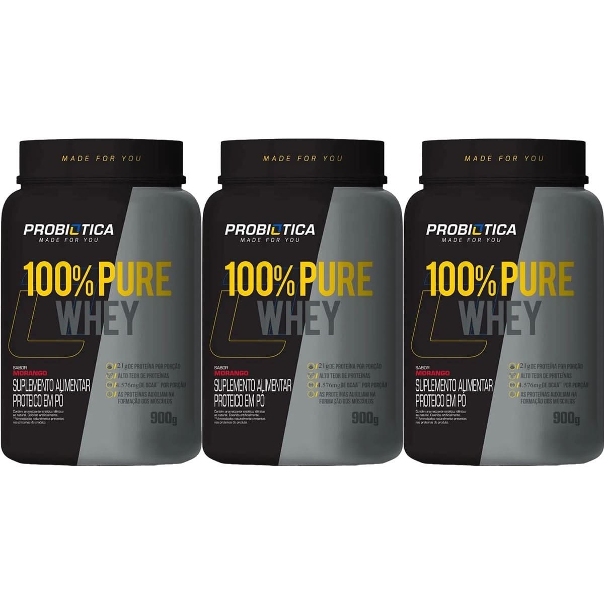 Kit 3X 100% Pure Whey Nova F�rmula - 900g Morango - Probi�tica