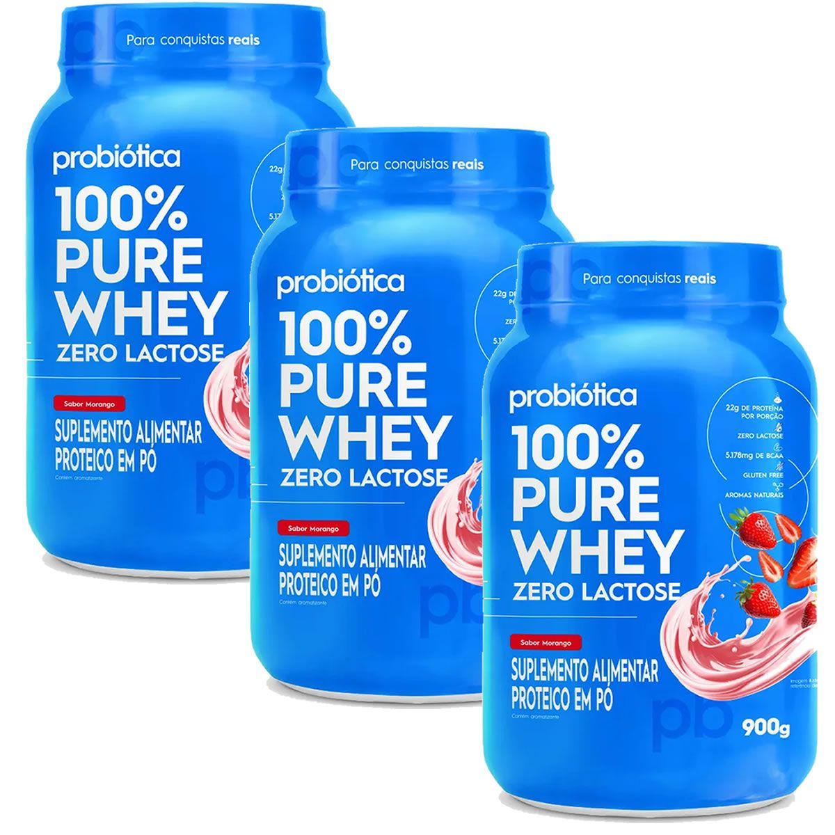 Kit 3X 100% Pure Whey Zero Lactose - Morango 900g - Probi�tica
