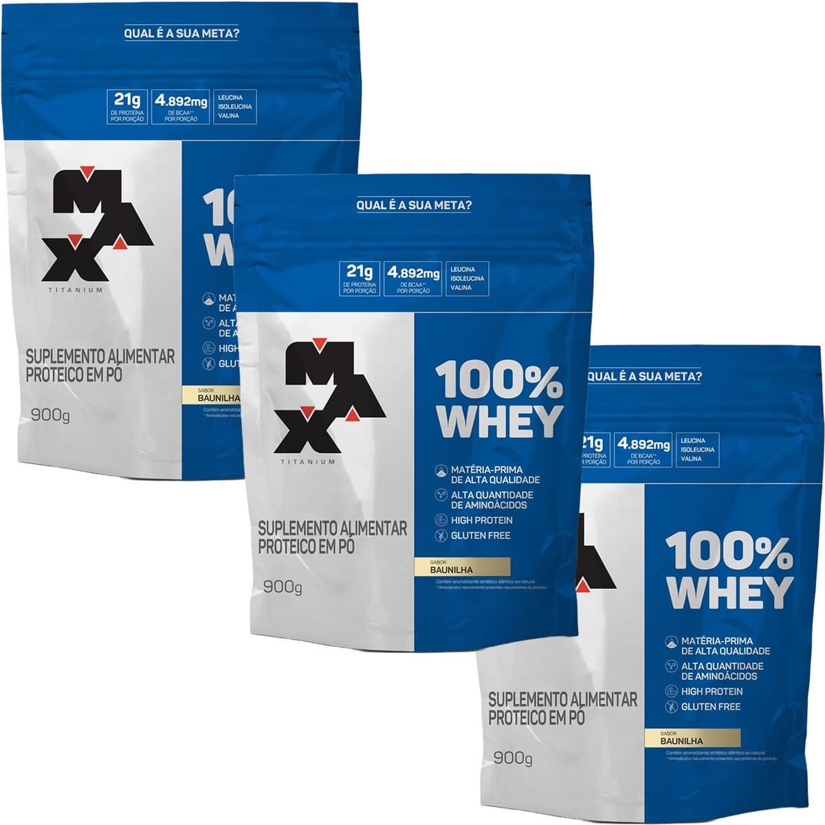 Kit 3X 100% Whey - 900g Refil Baunilha - Max Titanium