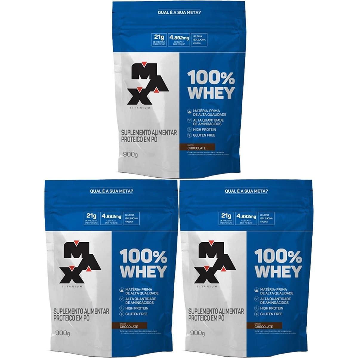Kit 3X 100% Whey - 900g Refil Chocolate - Max Titanium