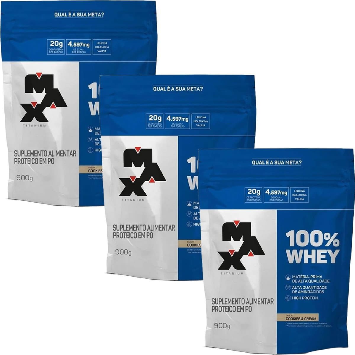 Kit 3X 100% Whey - 900g Refil Cookies & Cream - Max Titanium