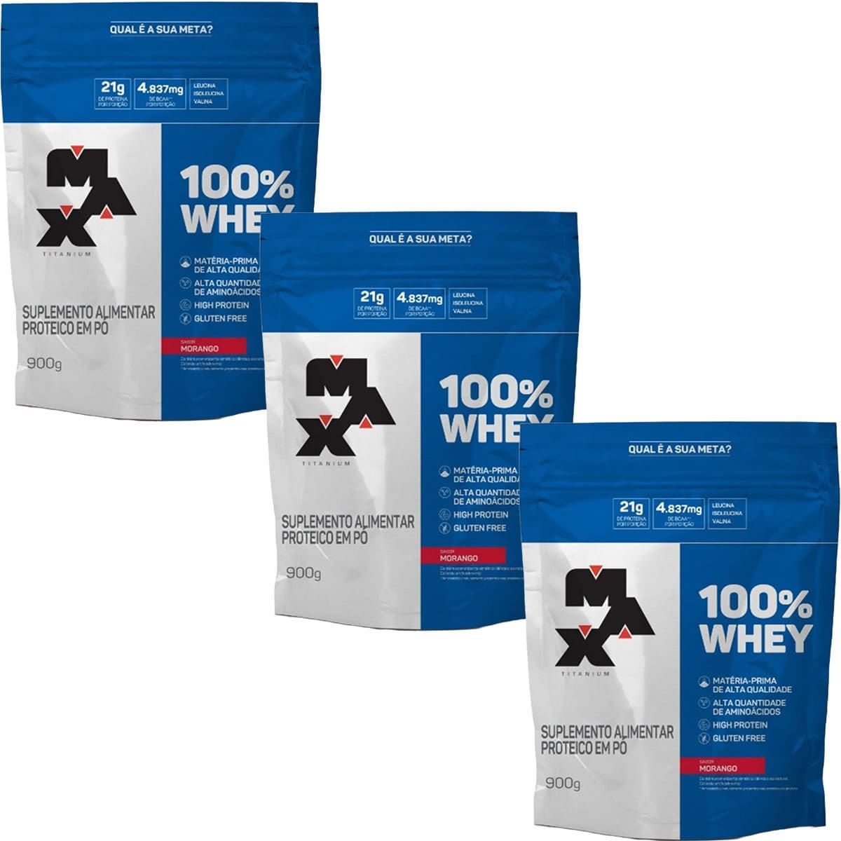 Kit 3X 100% Whey - 900g Refil Morango - Max Titanium
