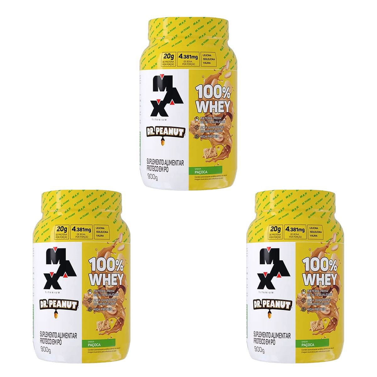 Kit 3X 100% Whey Dr. Peanut - 900g Pa�oca - Max Titanium