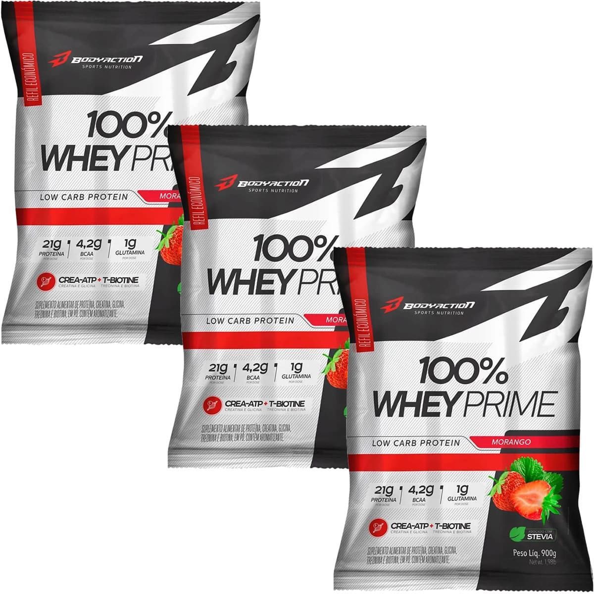 Kit 3X 100% Whey Prime - 900g Refil Morango - BodyAction