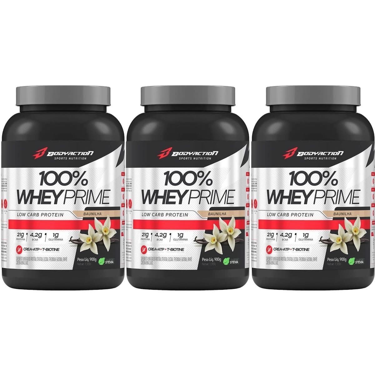 Kit 3X 100% Whey Prime Concentrado - 900g Baunilha - BodyAction