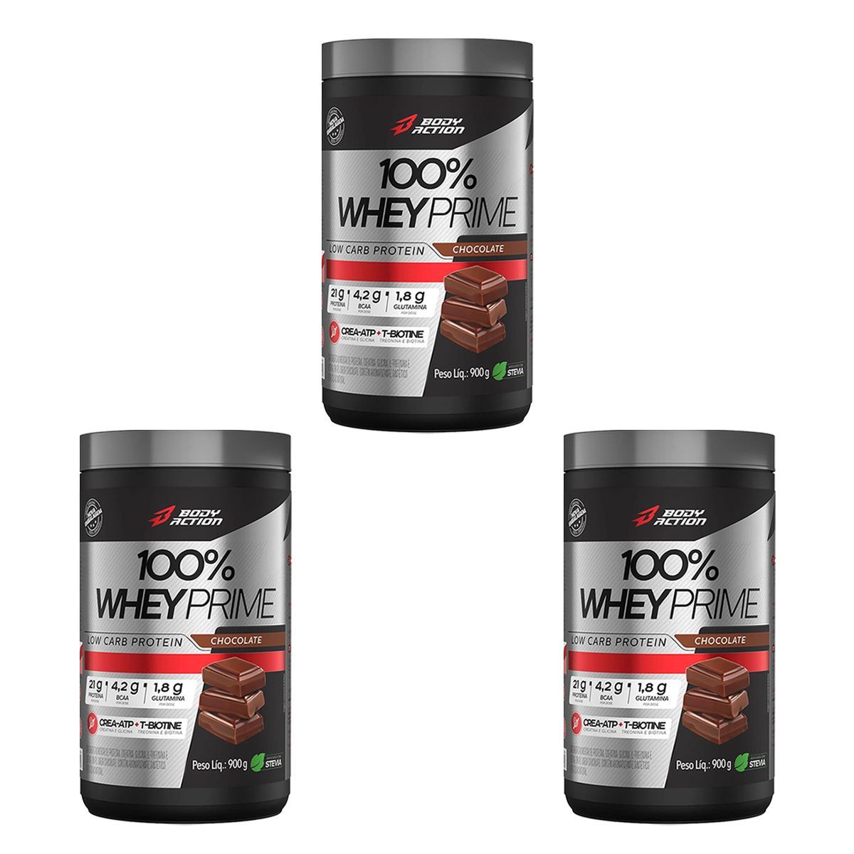 Kit 3X 100% Whey Prime Concentrado - 900g Chocolate - BodyAction