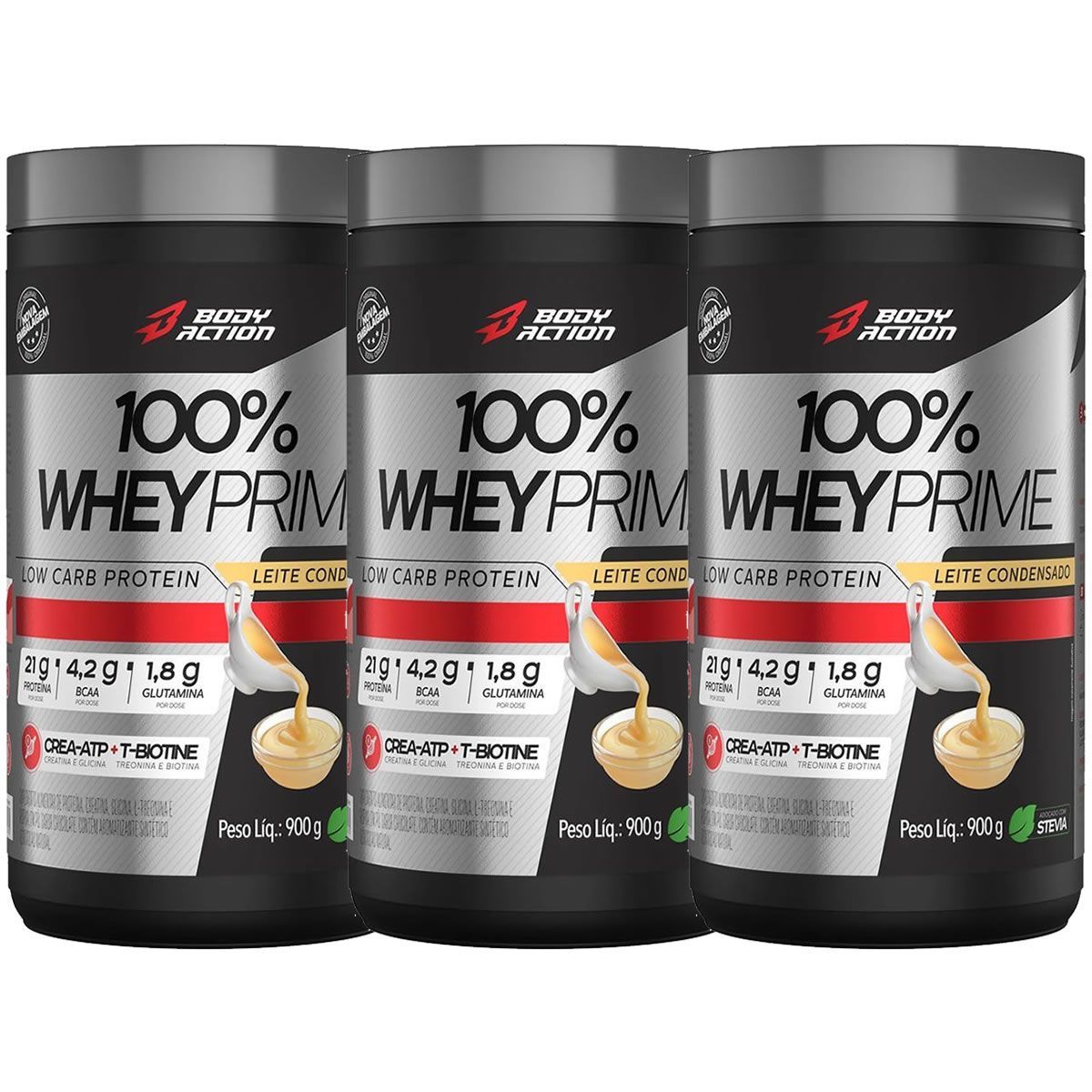Kit 3X 100% Whey Prime Concentrado - 900g Leite Condensado - BodyAction