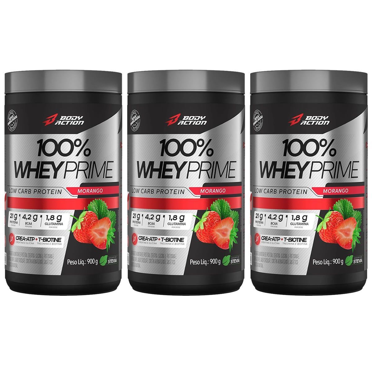 Kit 3X 100% Whey Prime Concentrado - 900g Morango - BodyAction