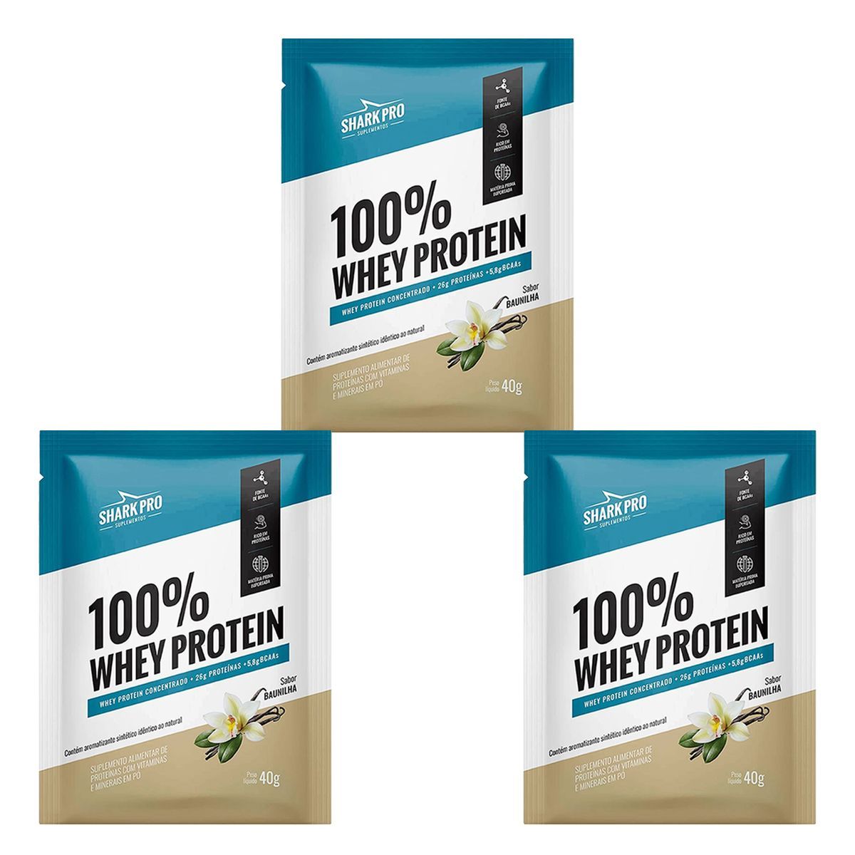 Kit 3X 100% Whey Protein - 1 Sach� 40g Baunilha - Shark Pro
